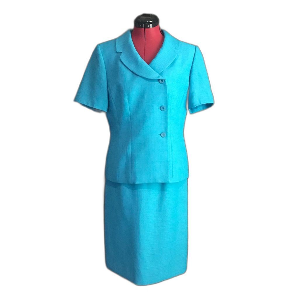 Le Suit Turquoise Pencil Skirt Suit